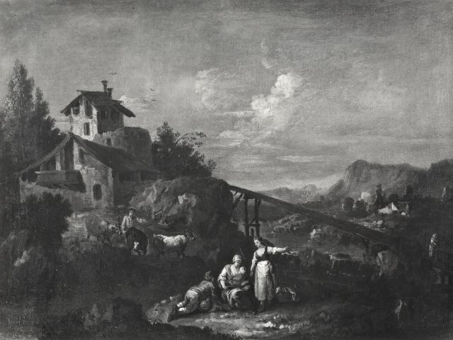 Anonimo — Zais Giuseppe - sec. XVIII - Paesaggio con casa colonica e famiglia di contadini — insieme